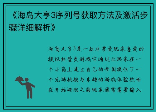 《海岛大亨3序列号获取方法及激活步骤详细解析》
